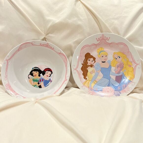Disney Princess Snow White Jasmine Porcelain Bowl & Belle Rapunzel Plate Set - Picture 1 of 8